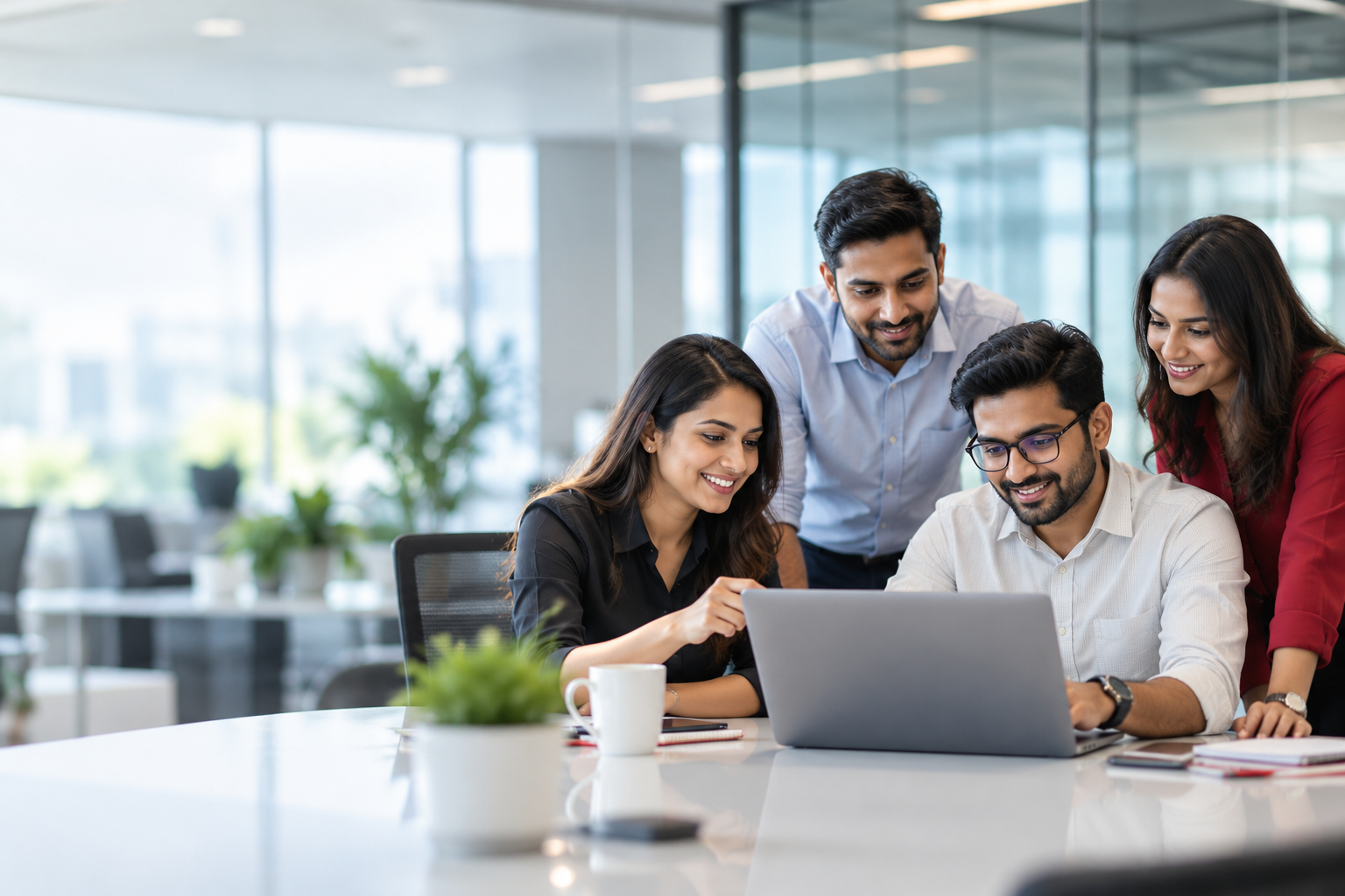 Technology professionals collaborating around a laptop in a modern office